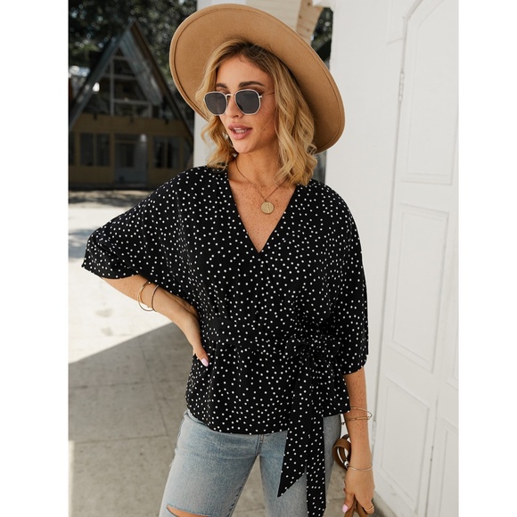 Polka Dot V-Neck Wrap Belted Black Top - Picture 6 of 8